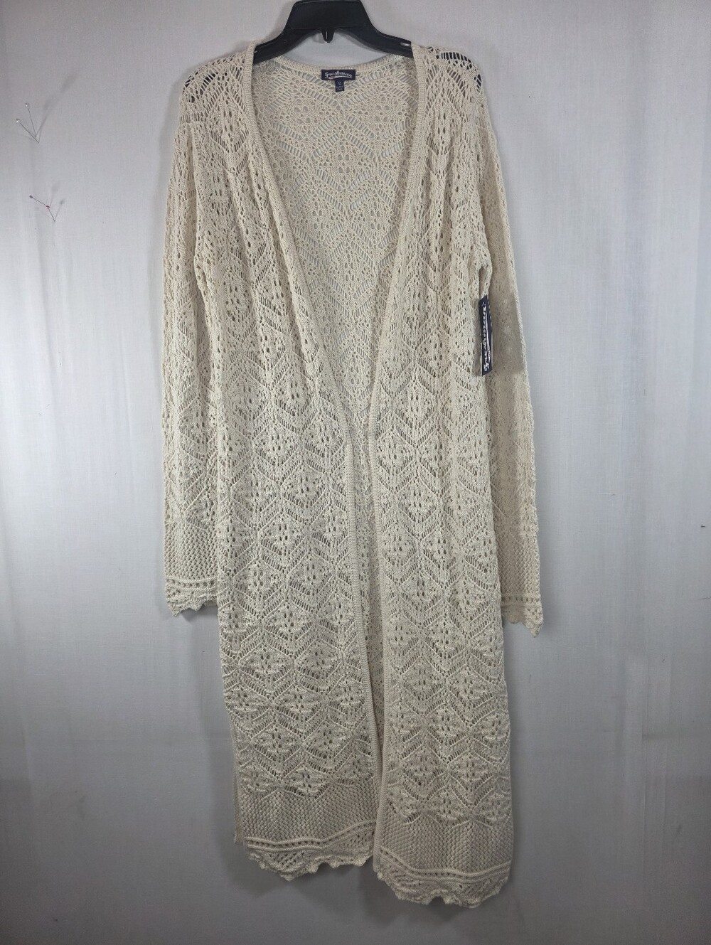 Freshman 1996 Cream Crochet Duster Cardigan Medium Open Knit Boho Long Sweater N